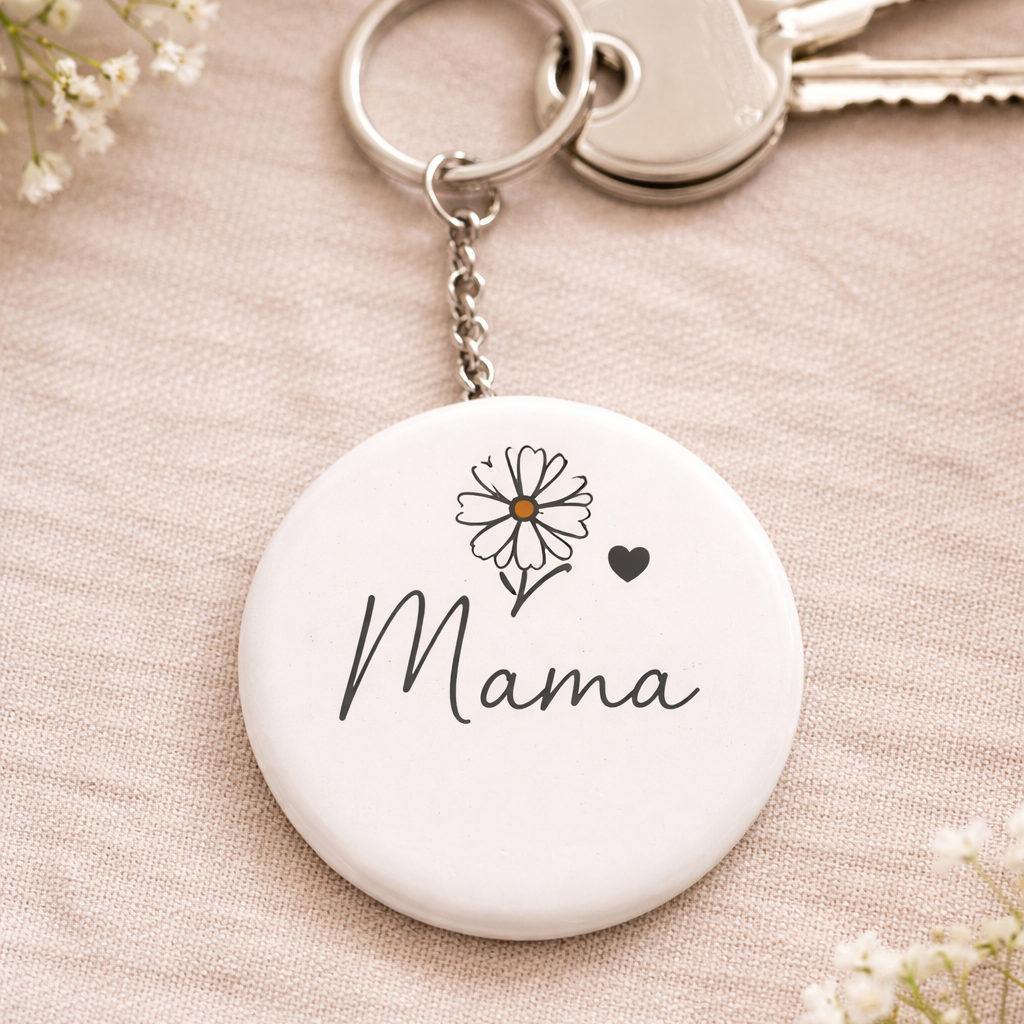 Mama Sleutelhanger – Minimalistisch Design met Bloem – Stijlvol Cadeau voor Moeder - 58mm