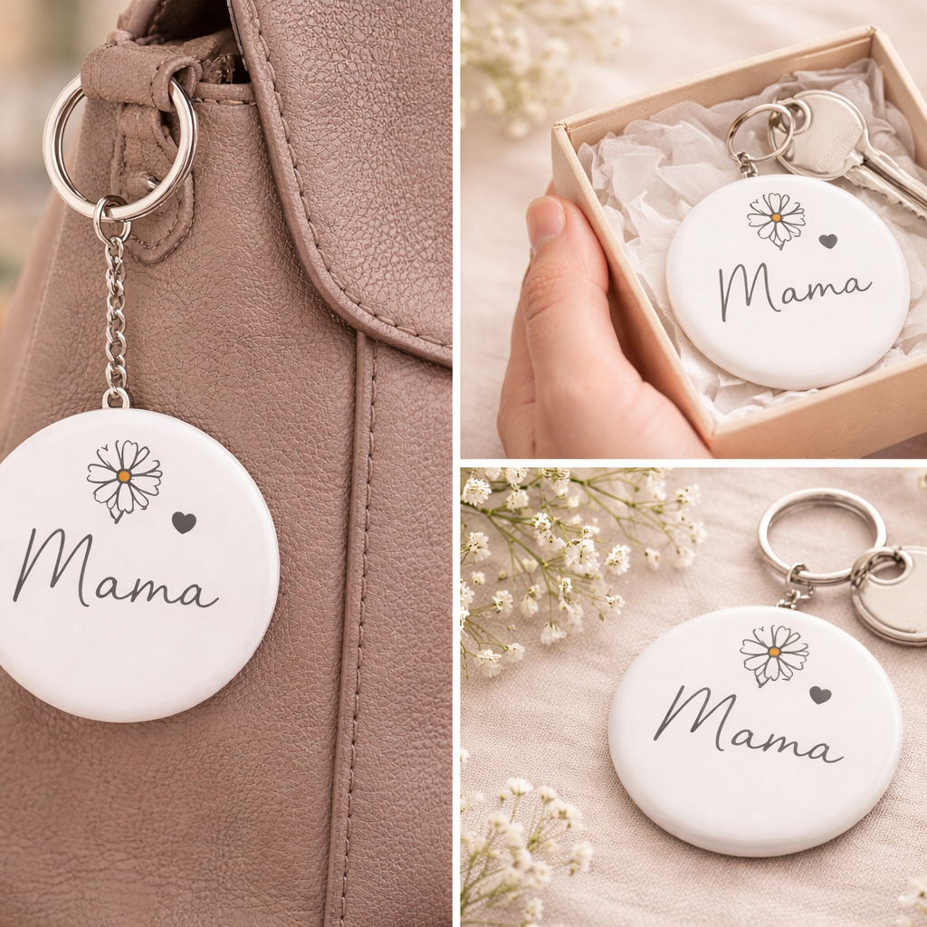 Mama Sleutelhanger – Minimalistisch Design met Bloem – Stijlvol Cadeau voor Moeder - 58mm
