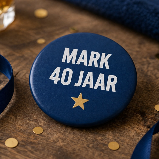 Gepersonaliseerde Verjaardag Button – Naam & Leeftijd – Stoer Design – 58mm