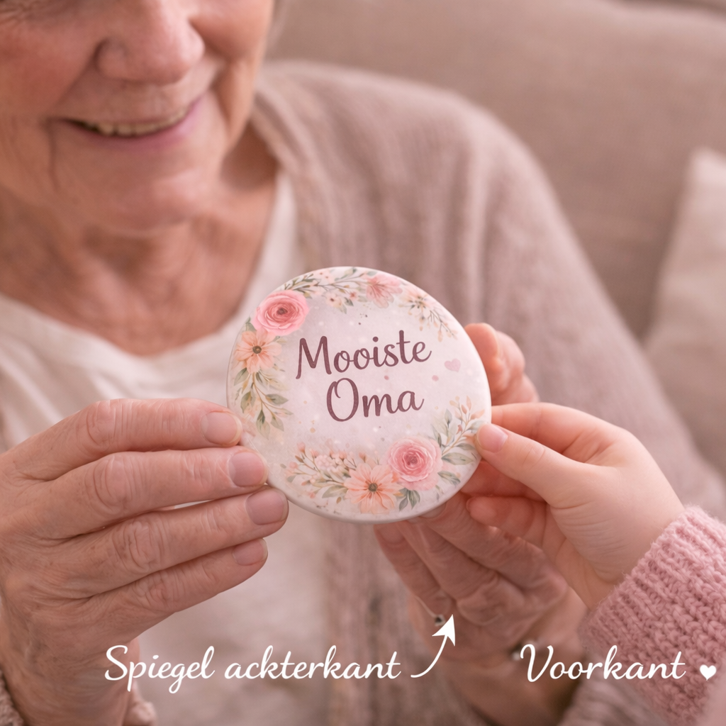 Mooiste Oma Spiegel 58mm – Bloemen Design – Compact Zakspiegeltje – Cadeau voor Oma