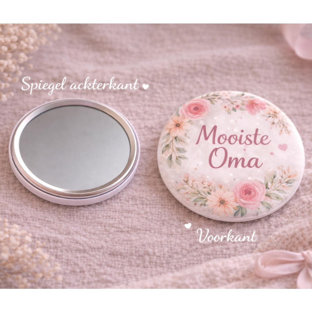 Mooiste Oma Spiegel 58mm – Bloemen Design – Compact Zakspiegeltje – Cadeau voor Oma