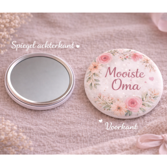 Mooiste Oma Spiegel 58mm – Bloemen Design – Compact Zakspiegeltje – Cadeau voor Oma