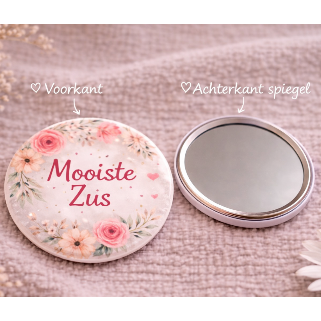 Mooiste Zus Spiegel 58mm – Bloemen Design – Compact Zakspiegeltje – Cadeau voor Zus