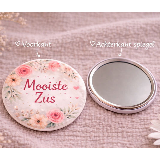 Mooiste Zus Spiegel 58mm – Bloemen Design – Compact Zakspiegeltje – Cadeau voor Zus