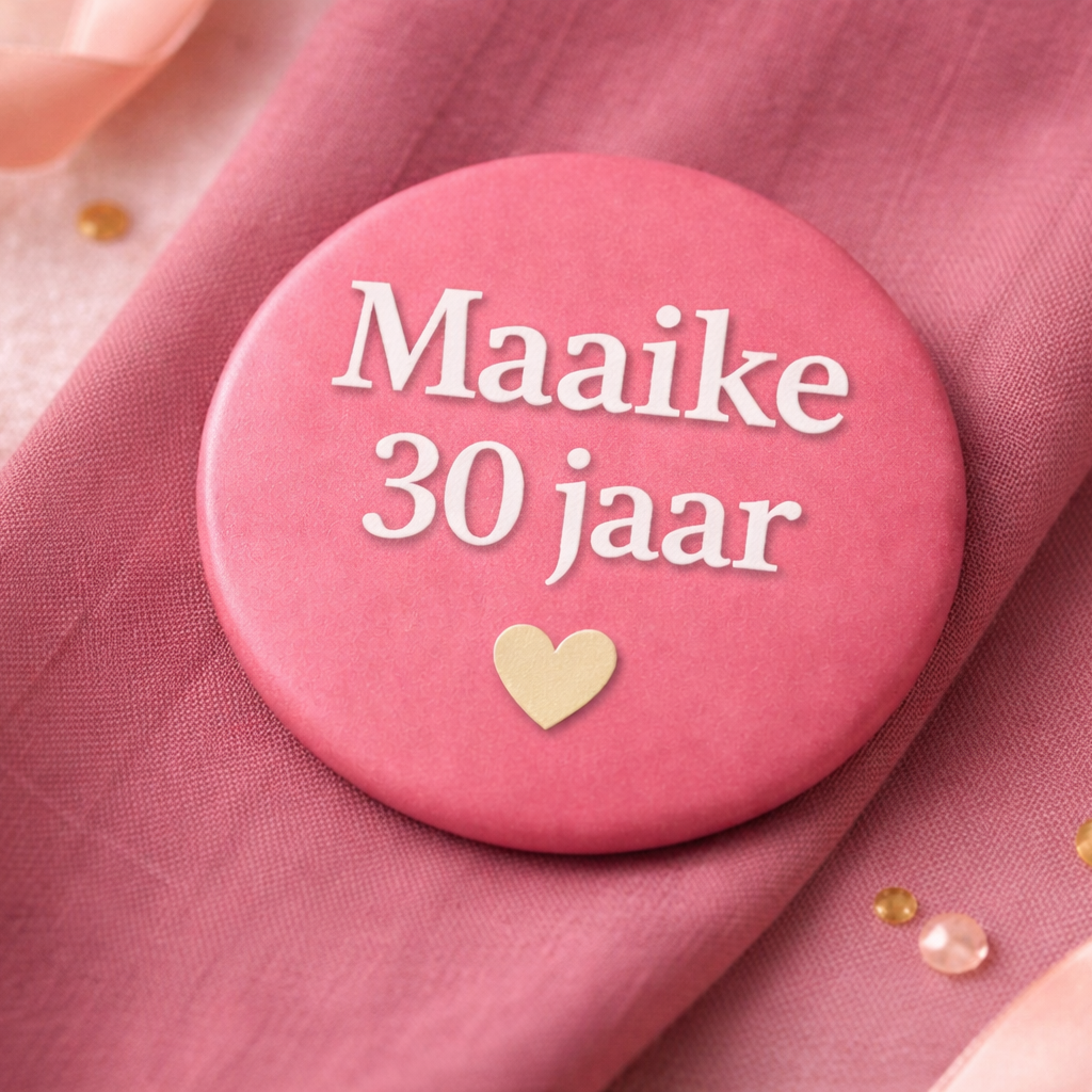 Gepersonaliseerde Verjaardag Button – Naam & Leeftijd – Roze met Goud Hartje – 58mm