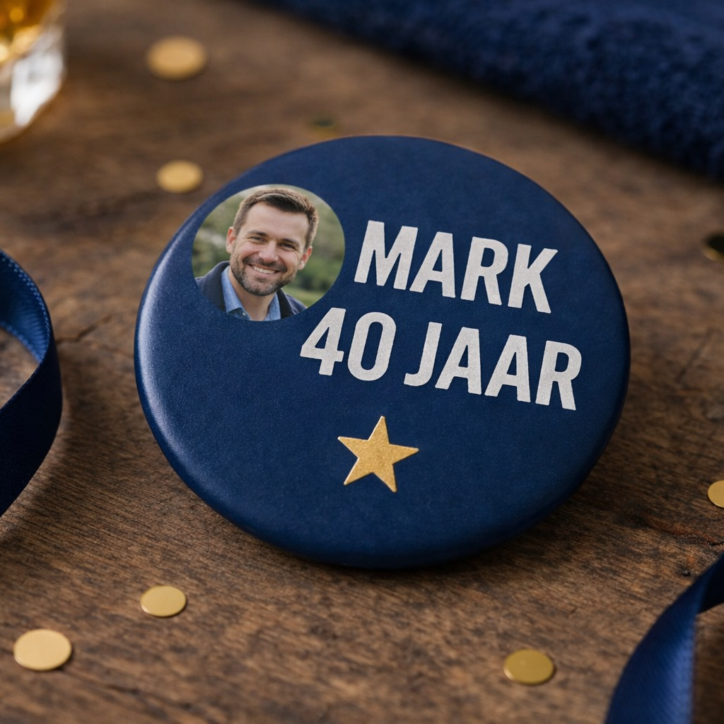 Gepersonaliseerde Verjaardag Button met Foto – Naam & Leeftijd – Stoer Design – 58mm