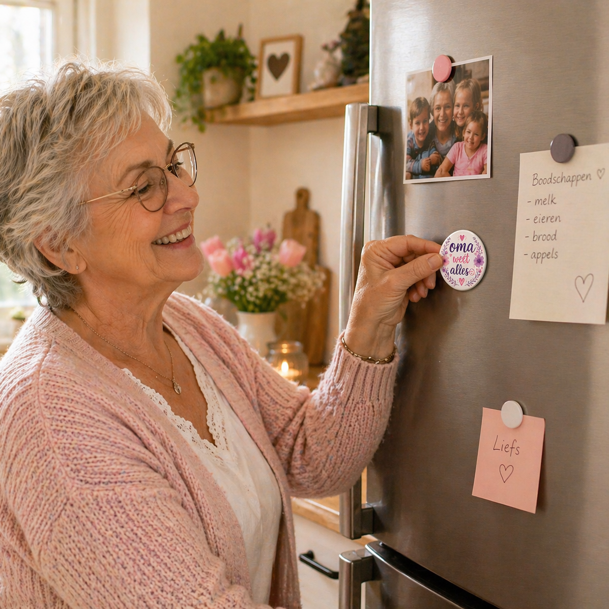 Koelkast magneet - oma weet alles 😉 – 58mm – Grappig cadeau voor oma – Ronde magneet met bloemen design