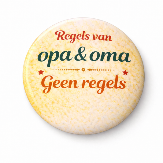 Koelkastmagneet Opa & Oma – Regels van opa en oma: geen regels – 58 mm – Grappig cadeau voor opa en oma – Cadeau grootouders