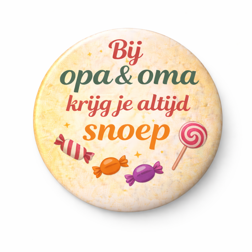 Koelkastmagneet Opa & Oma – Bij opa en oma krijg je altijd snoep – 58 mm – Grappig cadeau voor opa en oma – Cadeau grootouders