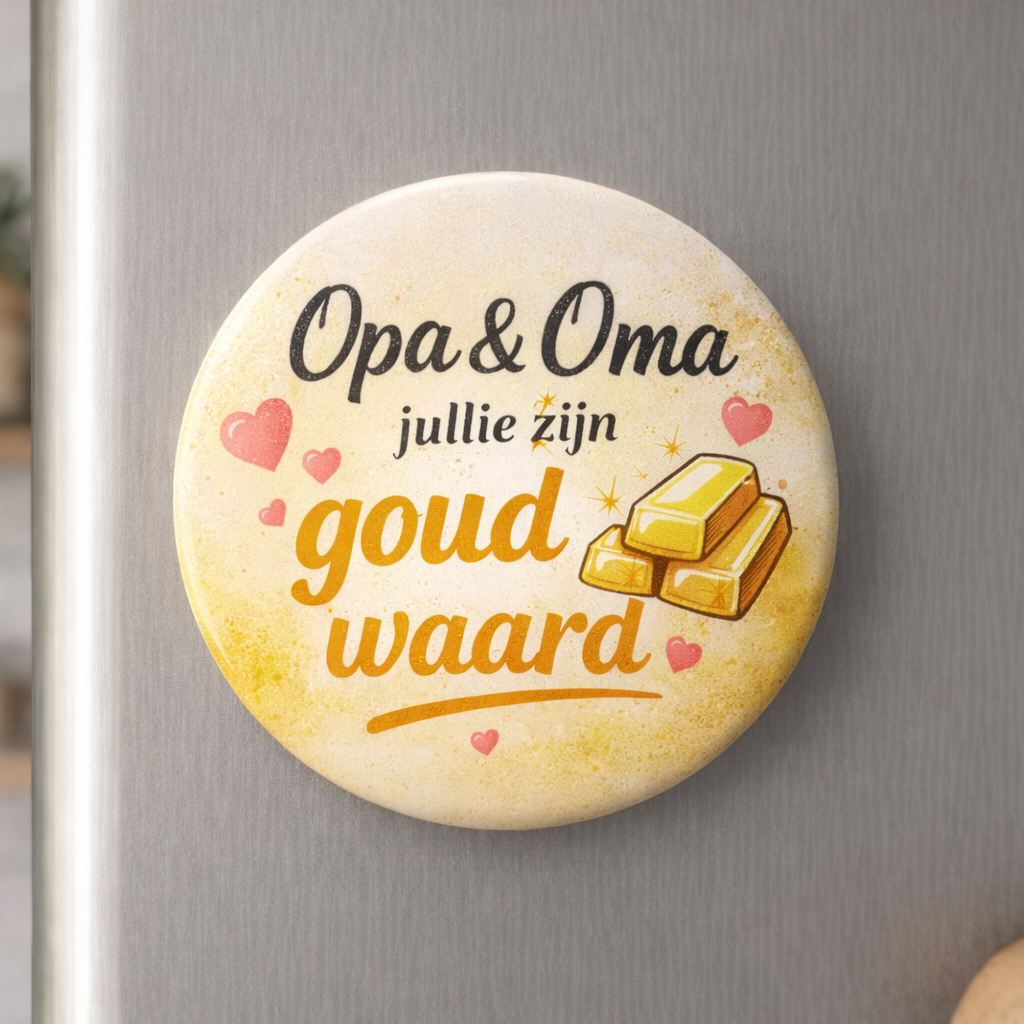 Koelkastmagneet Opa & Oma – Jullie zijn goud waard – 58 mm – Cadeau voor opa en oma – Lief cadeau grootouders