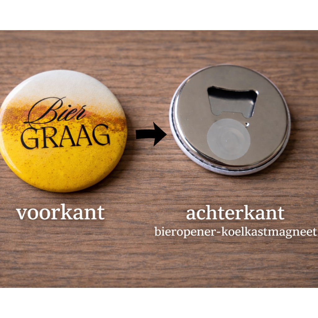 Bieropener Magneet – “Bier Graag” – Koelkastmagneet met Flesopener