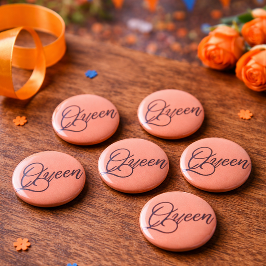 Queen Buttons – Set van 6 – 25 mm – Oranje Koningsdag Buttons – Festival Accessoire