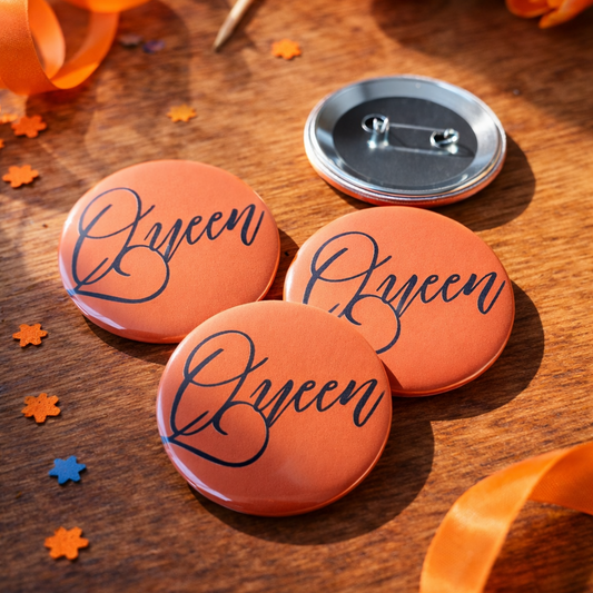 Queen Buttons – Set van 3 – 58 mm – Oranje Koningsdag Accessoire – Festival Button