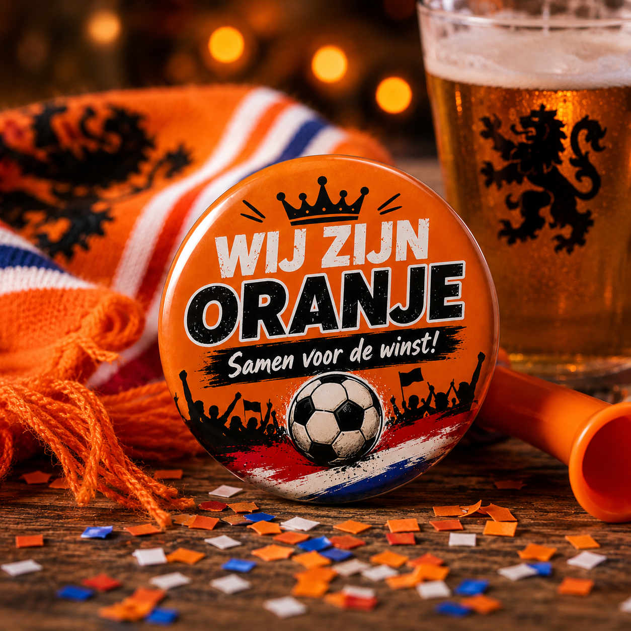 WK Oranje Button 58 mm close up Nederland supporters