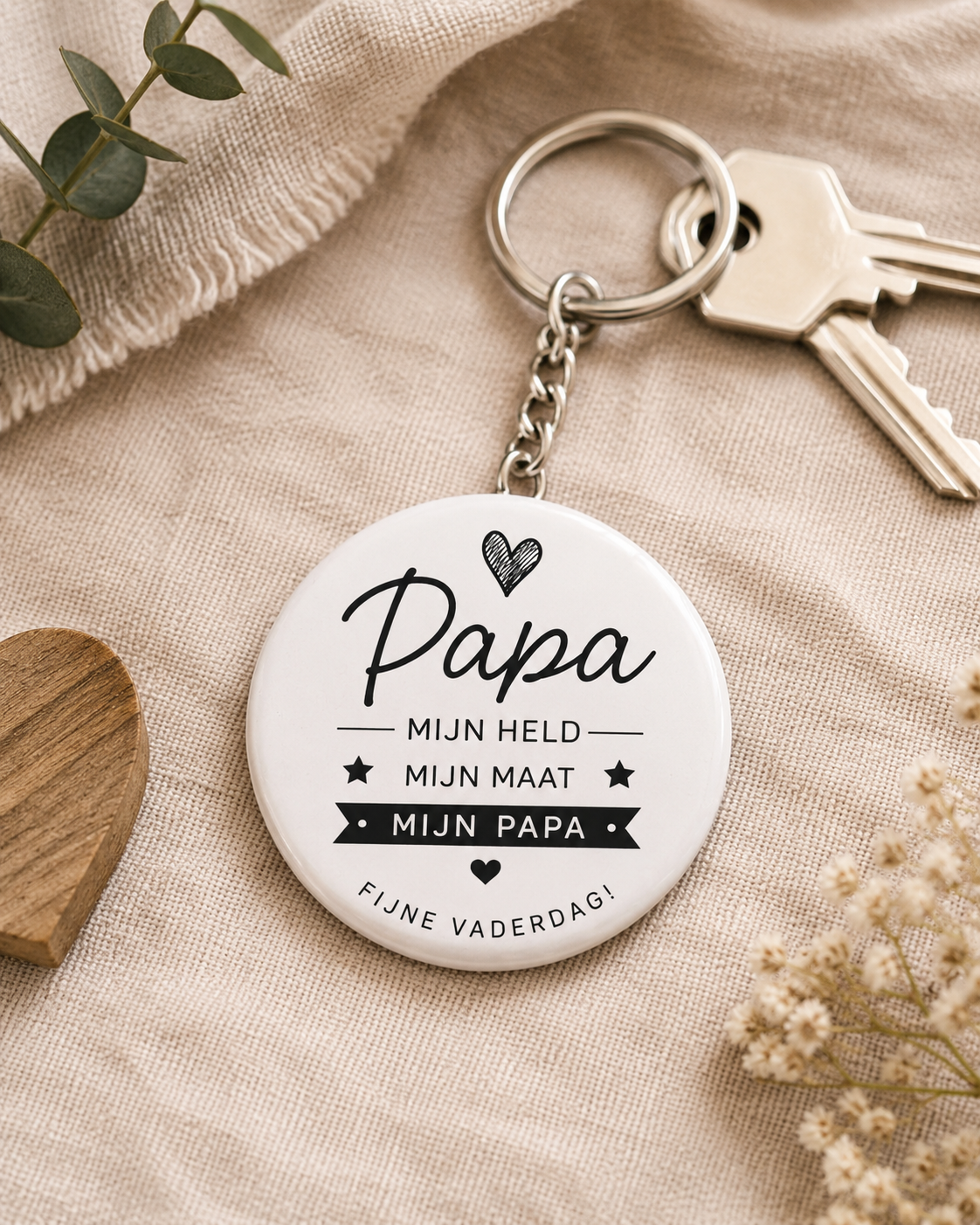Persoonlijke sleutelhanger voor vader met tekst 'Papa, mijn held, mijn maat, mijn papa'.