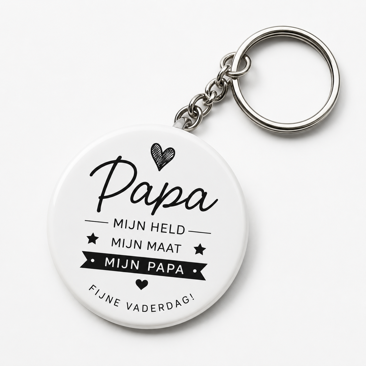 persoonlijke sleutelhanger voor vader met tekst 'Papa, mijn held, mijn maat, mijn papa' voor Vaderdag.