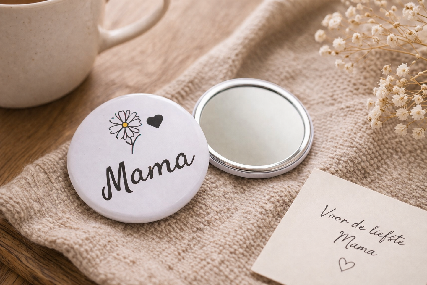 Mama Spiegel 58mm – Compact Zakspiegeltje met Bloem – Lief Cadeau voor Moeder