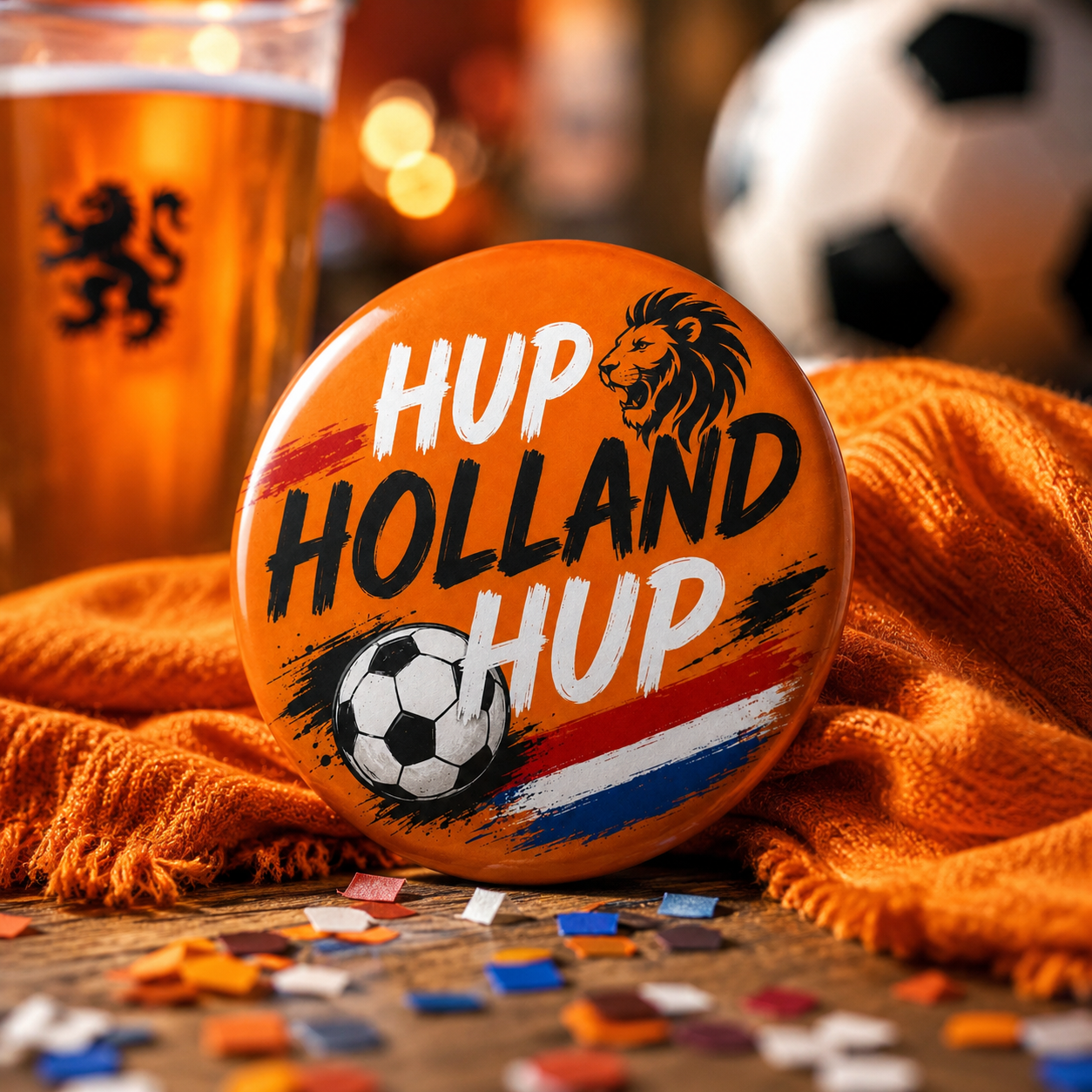 Hup Holland Hup Button 58 mm – Oranje Voetbal Fan Button – WK / EK Nederland