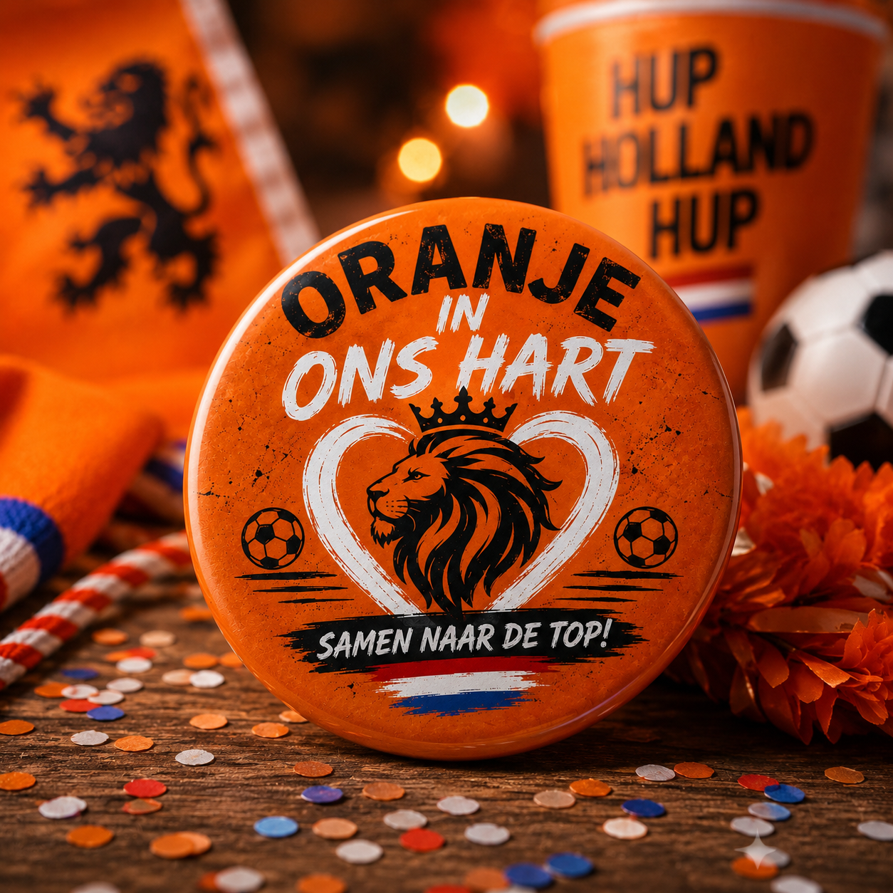 WK Oranje Button 58 mm | Oranje in Ons Hart | Nederland Supporters Accessoire