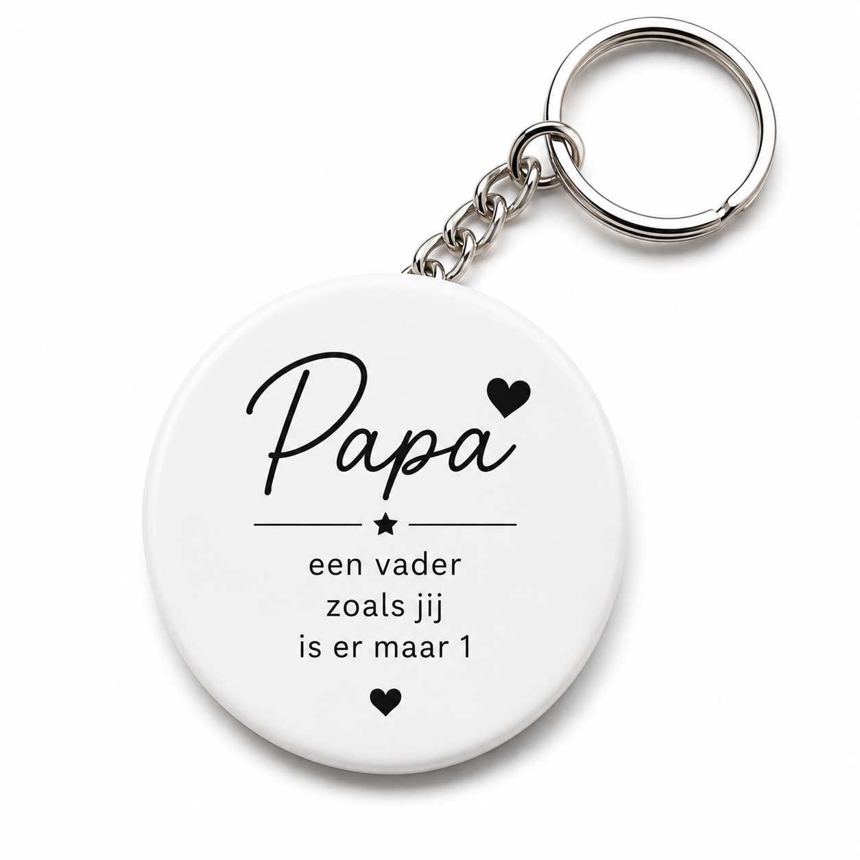 sleutelhanger cadeau voor papa met de tekst: Een vader zoals jij is er maar 1, vormgegeven met hartjes.