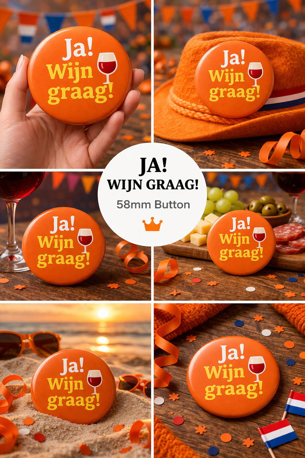 Koningsdag Button “Ja! Wijn graag!” – 58mm – Oranje Feest Button
