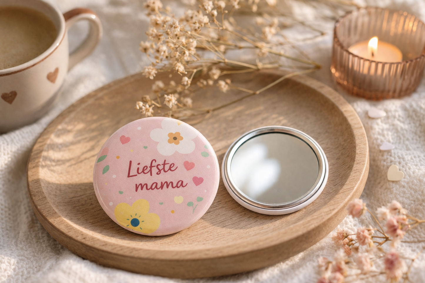 Liefste Mama Spiegel 58mm – Bloemen Design – Compact Zakspiegeltje – Cadeau voor Moeder