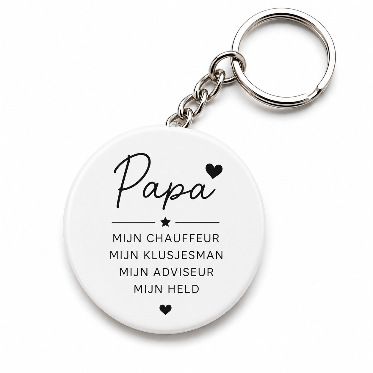 vaderdag sleutelhanger cadeau met tekst over papa als chauffeur, klusjesman en held.