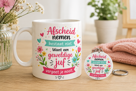 Cadeauset Juf – Mok & Sleutelhanger 'Afscheid nemen bestaat niet' | Origineel Bedankje Einde Schooljaar