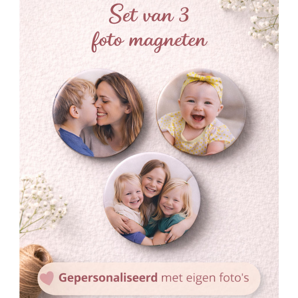 Set van 3 foto koelkastmagneten – 58mm | Gepersonaliseerd met eigen foto’s | Uniek cadeau