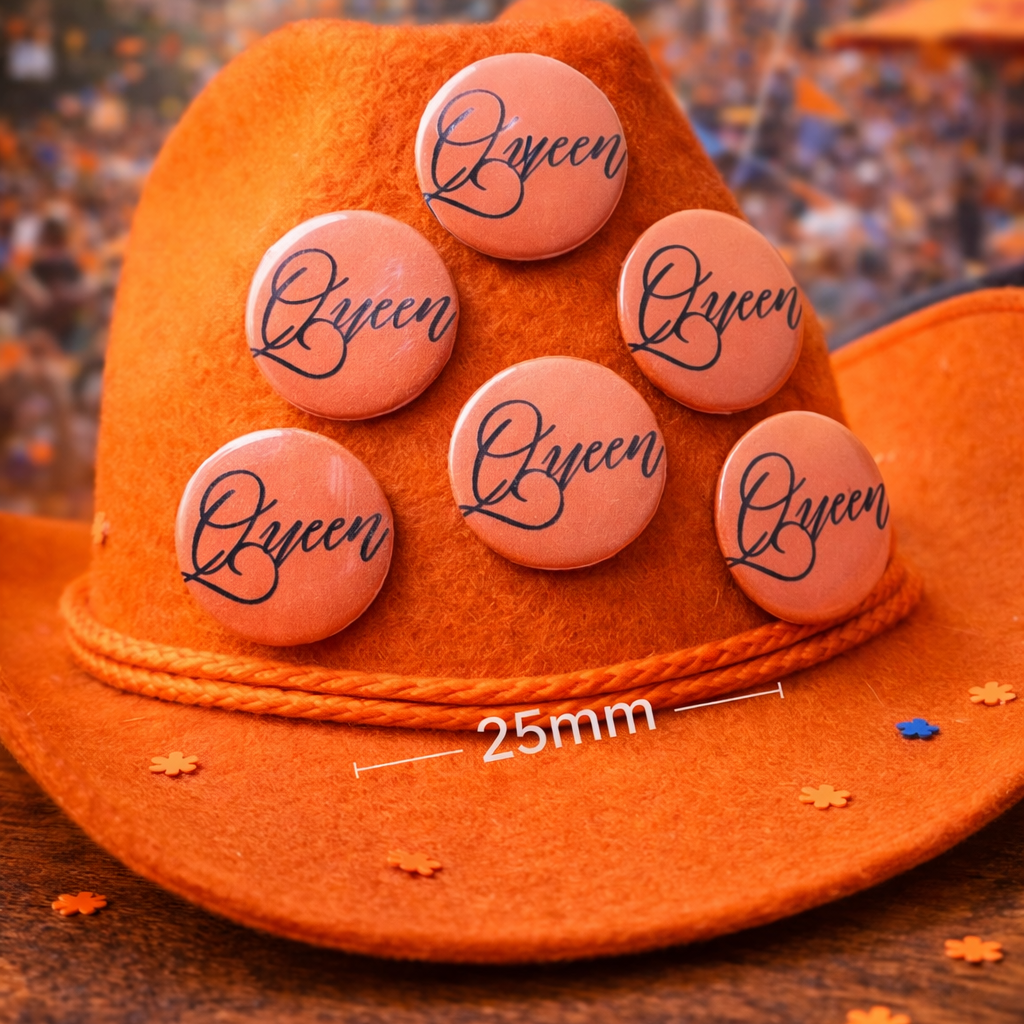 Queen Buttons – Set van 6 – 25 mm – Oranje Koningsdag Buttons – Festival Accessoire