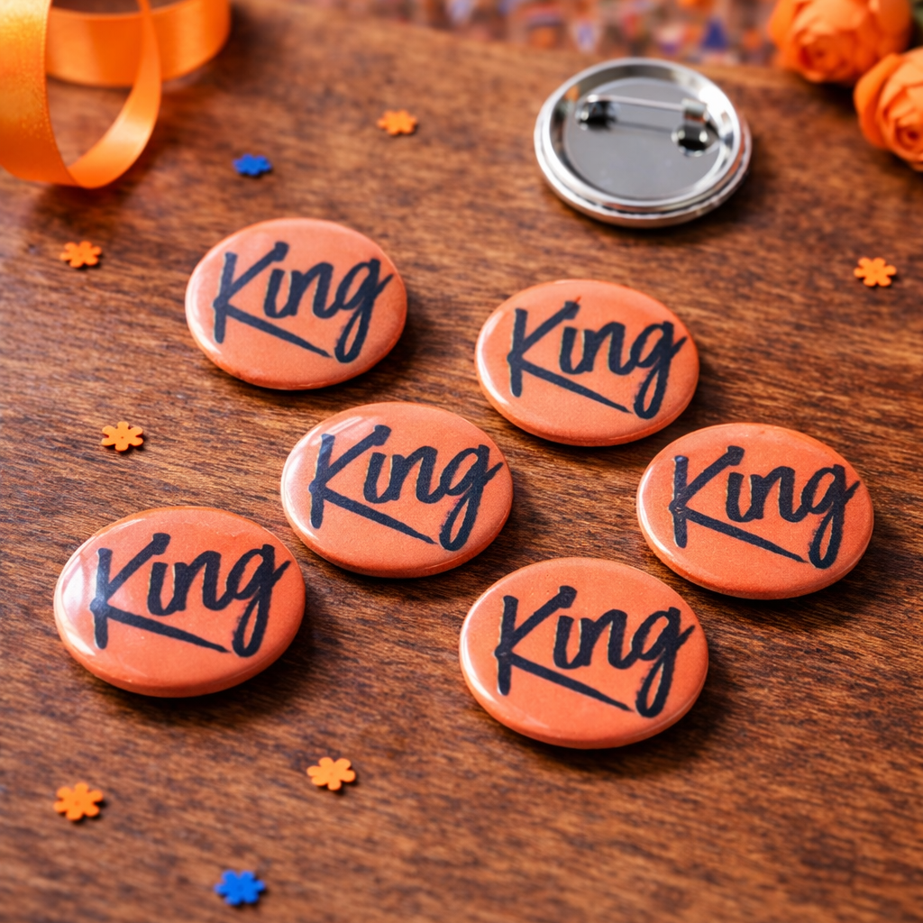 King Buttons – Set van 6 – 25 mm – Oranje Koningsdag Buttons – Festival Accessoire