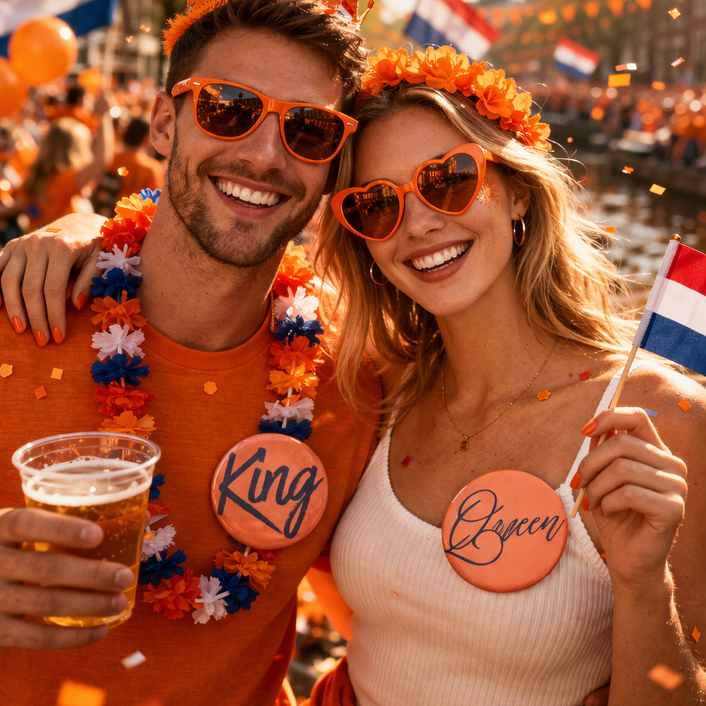 King & Queen Buttons – Set van 2 – 58 mm – Koningsdag Koppel Accessoire – Oranje Festival Buttons