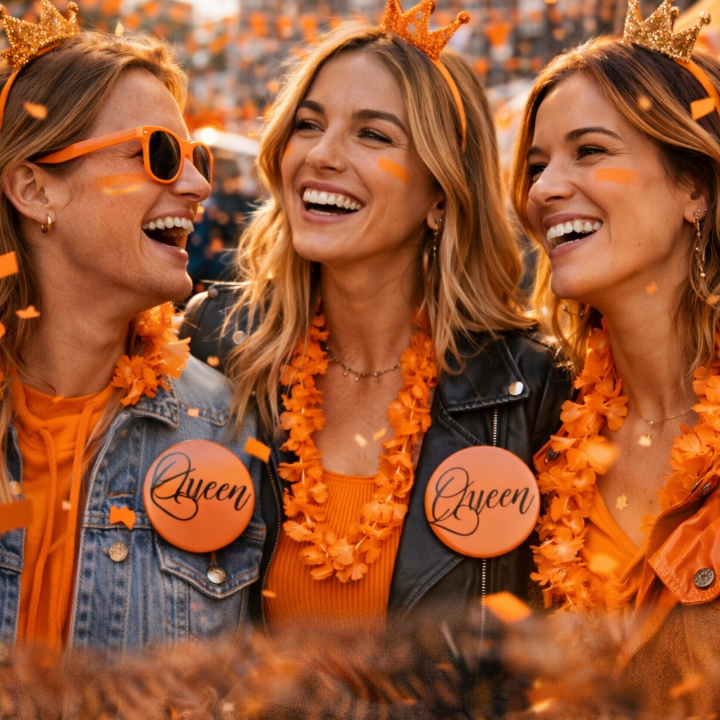 Queen Buttons – Set van 3 – 58 mm – Oranje Koningsdag Accessoire – Festival Button