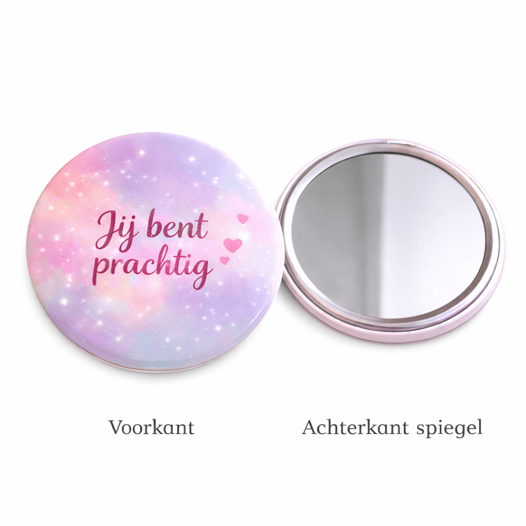Spiegel met tekst - jij bent prachtig, handspiegel met pastel design en inspirerende tekst, compacte make-up spiegel.