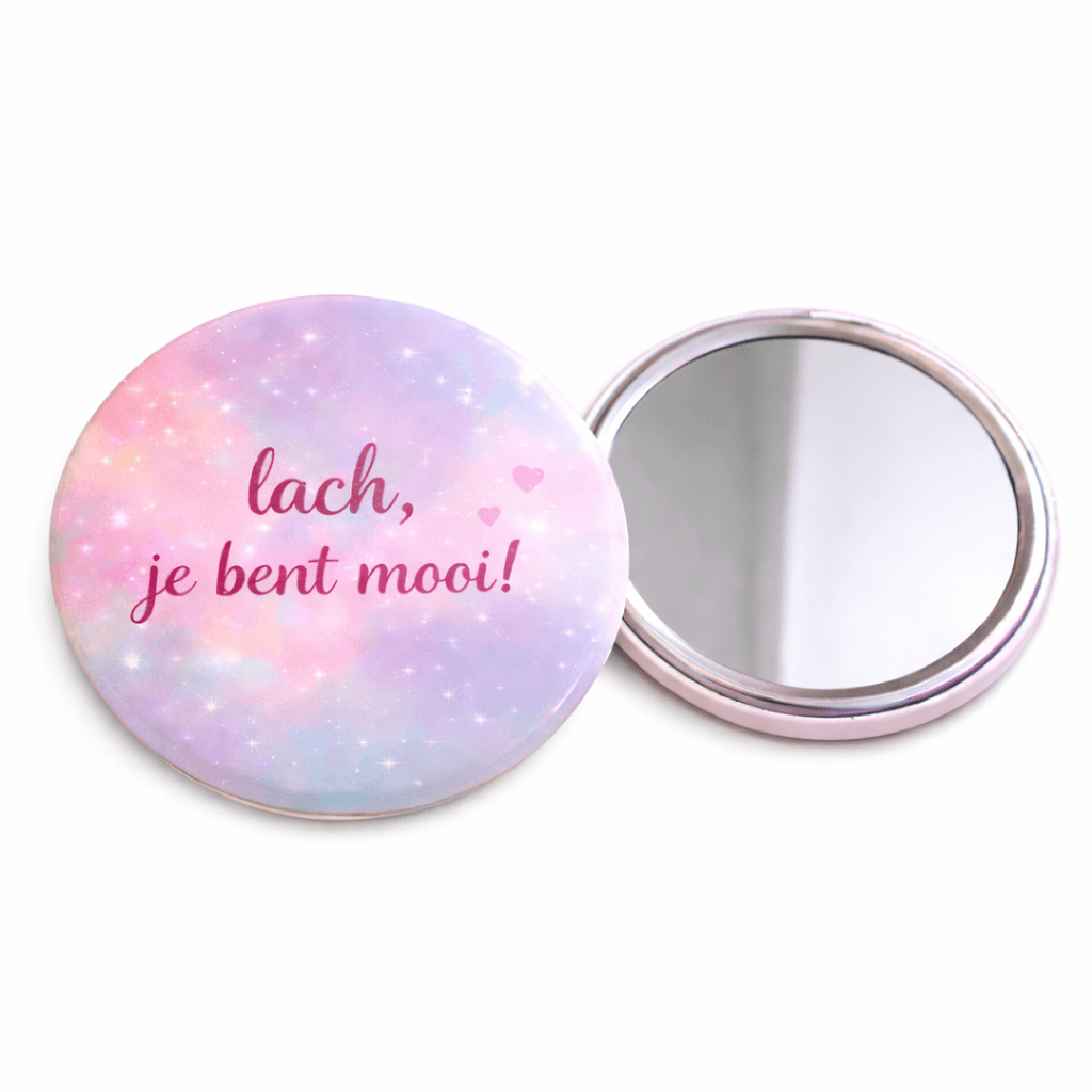 Compacte Spiegel met Tekst “Lach, je bent mooi!” – Handspiegel – Cadeau voor Vrouw – Pastel Design