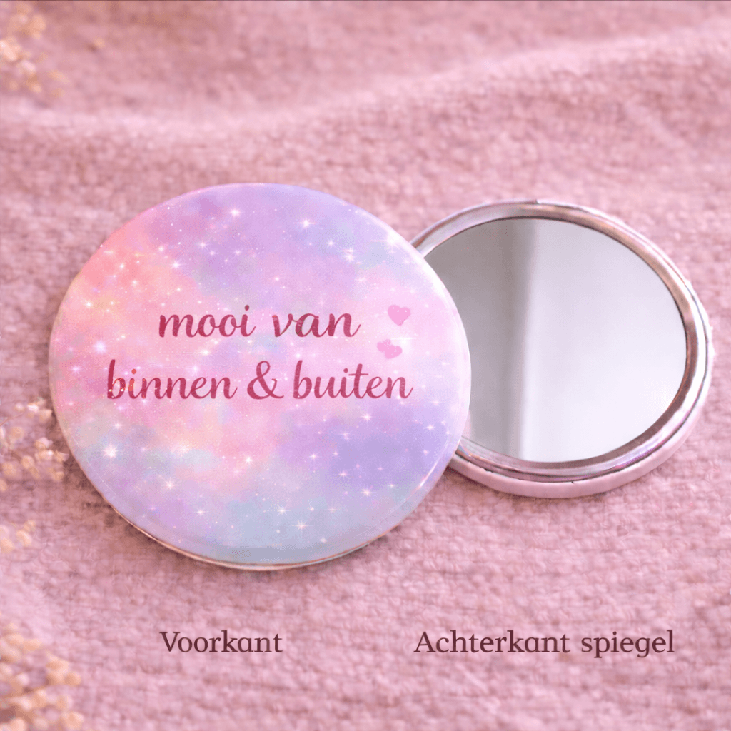 Spiegel met tekst - mooi van binnen & buiten met pastel design en glinstering, handspiegel voor cadeau.