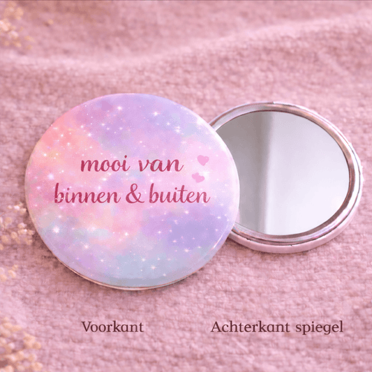 Compacte Spiegel met Tekst “Mooi van binnen & buiten” – Handspiegel – Cadeau voor Vrouw – Pastel Design