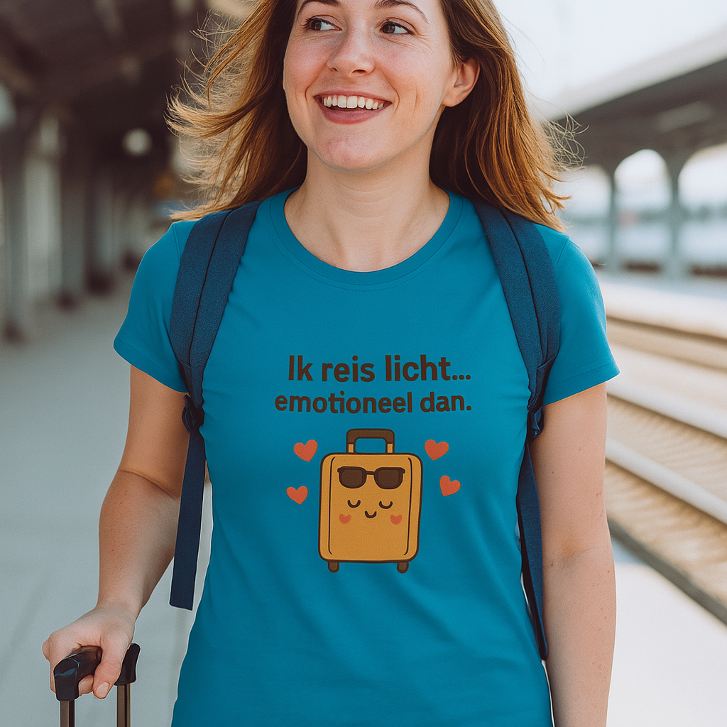 “Ik reis licht… emotioneel dan.” – Het meest eerlijke vakantie t-shirt 💼❤️