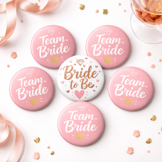 Team Bride Buttons Set – Bride to Be + 5x Team Bride – Vrijgezellenfeest – 58mm – Set van 6