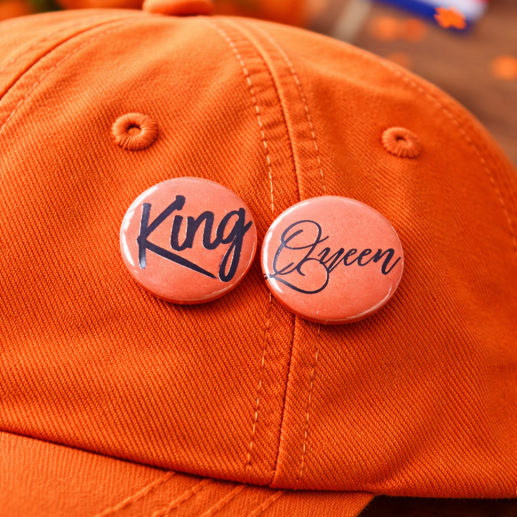 King & Queen Buttons – Set van 2 – 25 mm – Koningsdag Koppel Buttons – Oranje Accessoire
